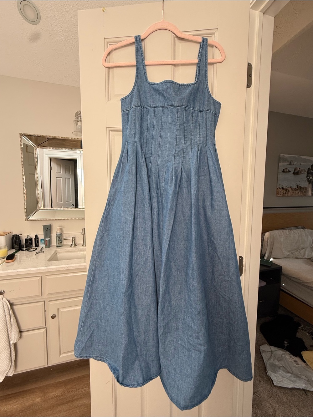 Blue Denim Maxi Dress with Tank Straps